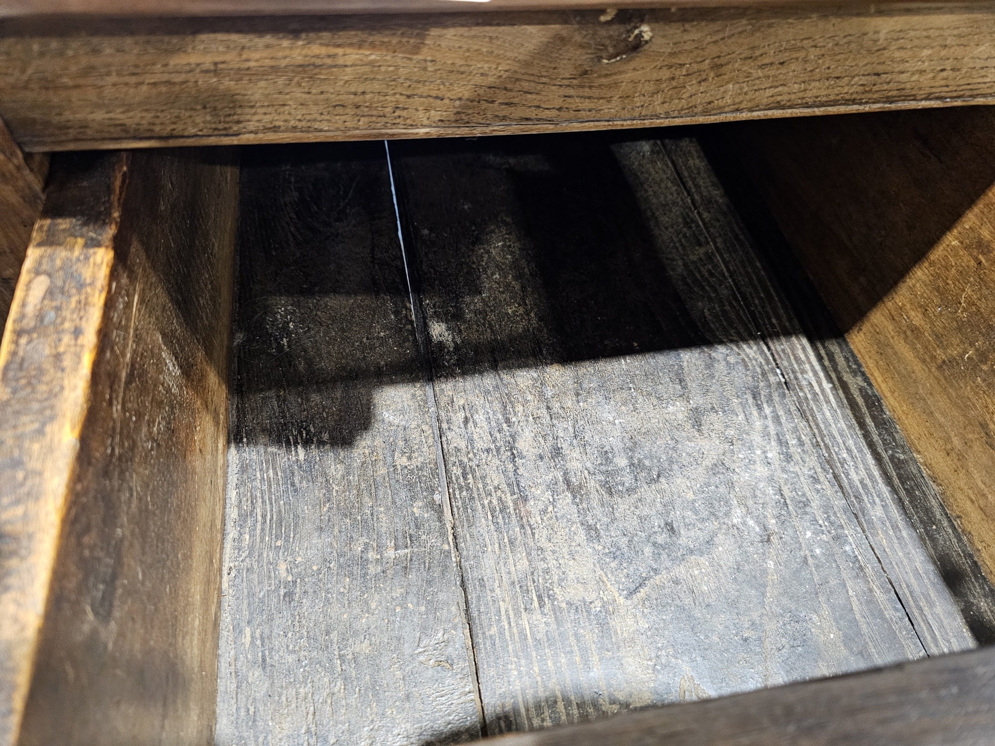 19th century oak and fruitwood clerk's desk, the central arched recess flanked by single drawers, - Image 5 of 7