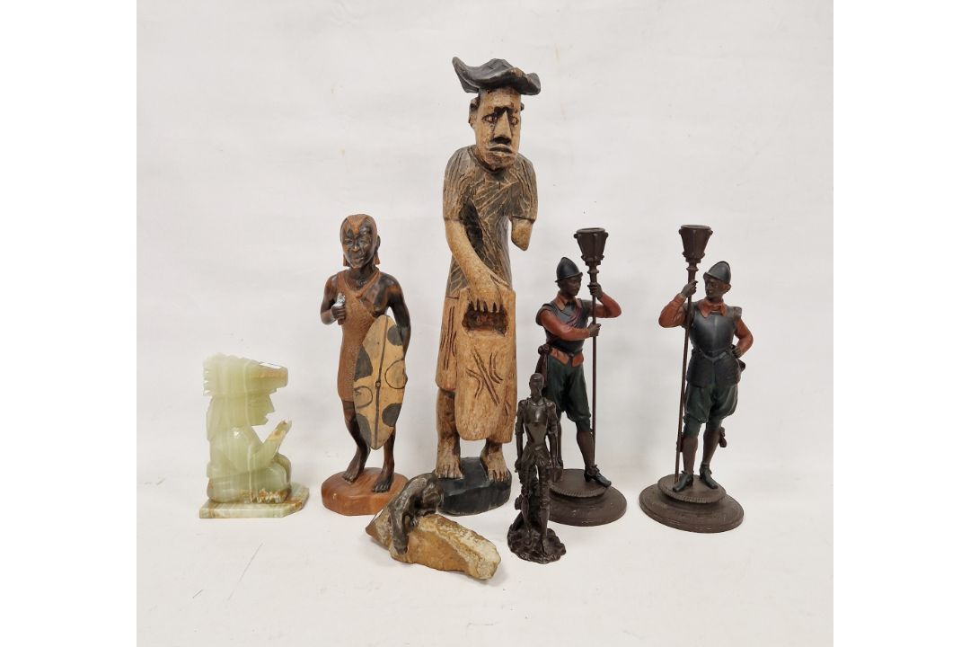 Collection of assorted sculpture, including a carved onyx seated figure, a bronzed wildcat on