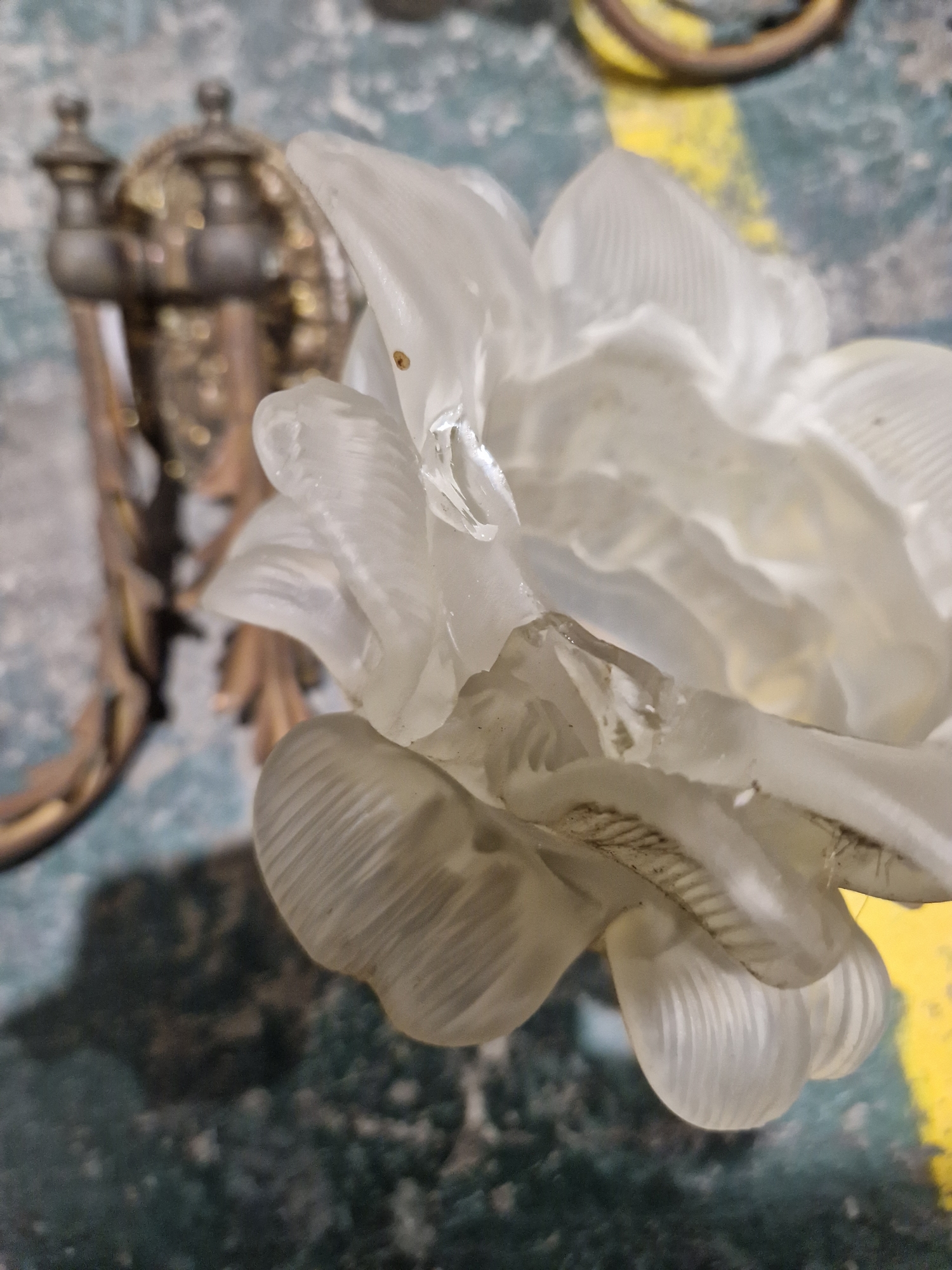 Group of gilt-metal and opaque glass wall lights, each with frosted glass petal-shaped sconces - Image 4 of 13