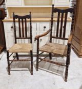 Set of six Arts & Crafts-style stained beech dining chairs (4+2) having slat backs, reel turned