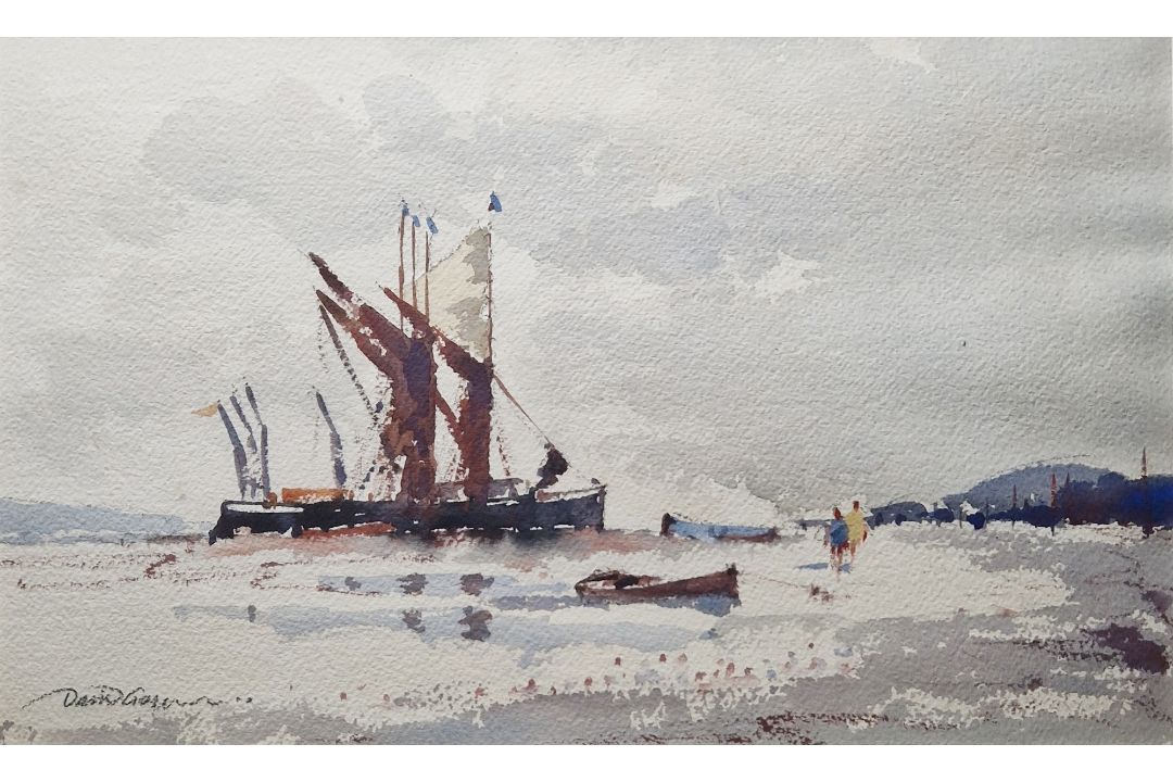 David Gapper (20th century) Watercolour Coastal scene with moored boats and figures on shoreline, - Image 1 of 4