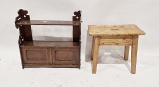 Small oak wall-hanging shelf with small cupboard and an antique pine rectangular stool (2)