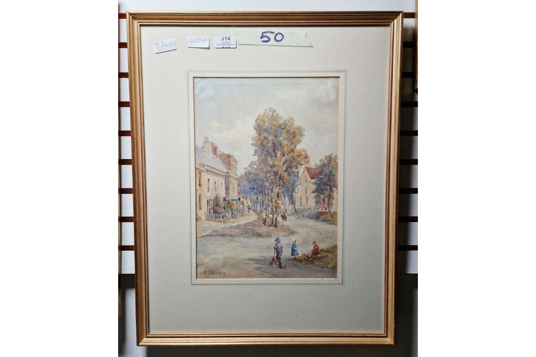 M E Warden Watercolour Village scene with children in foreground, signed and dated 1916 lower - Image 3 of 3