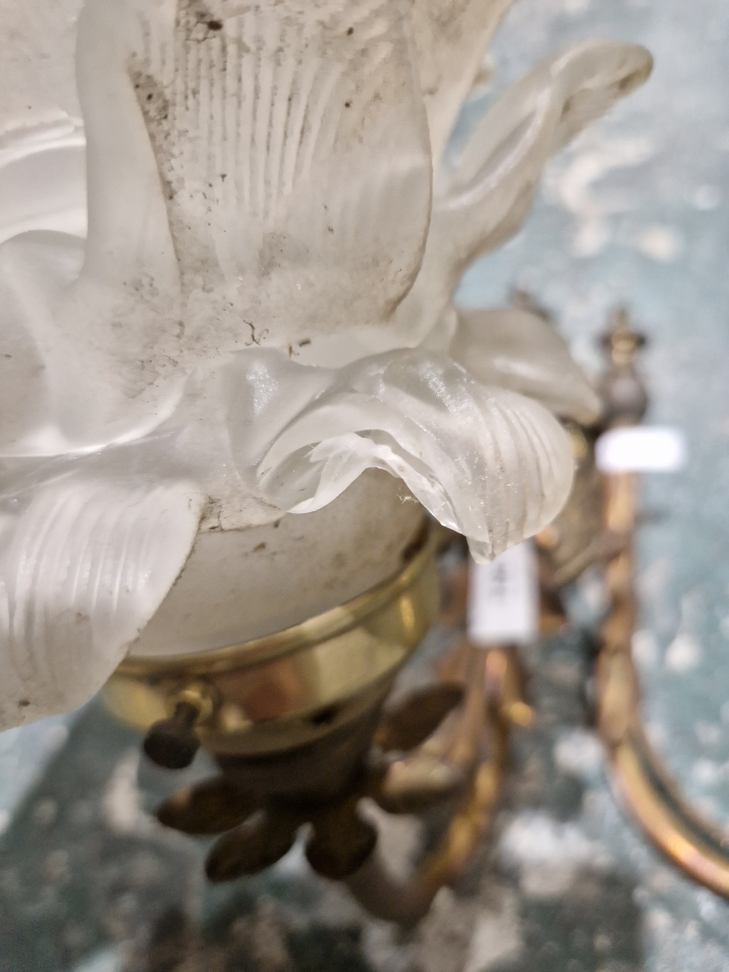 Group of gilt-metal and opaque glass wall lights, each with frosted glass petal-shaped sconces - Image 3 of 13