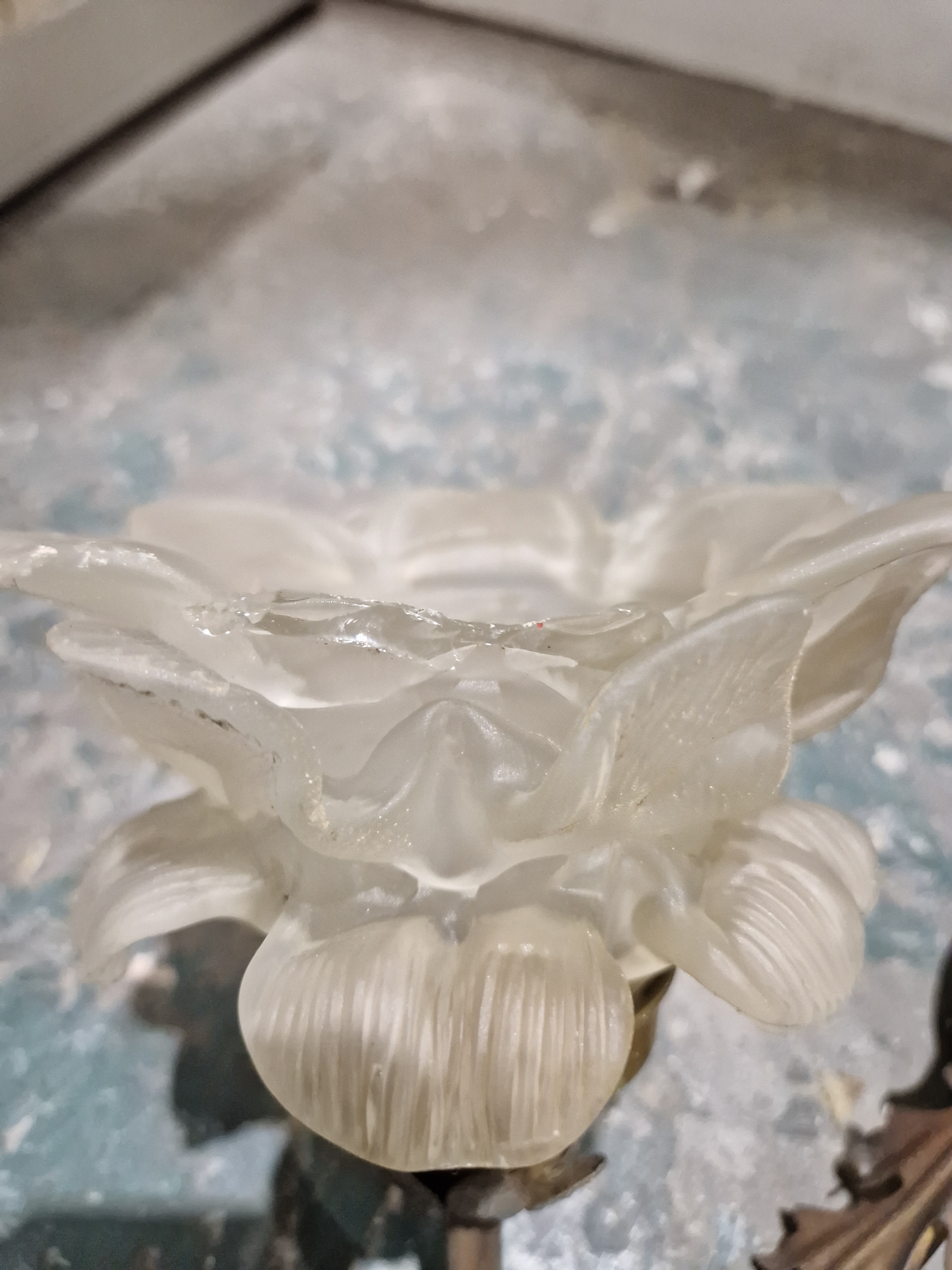 Group of gilt-metal and opaque glass wall lights, each with frosted glass petal-shaped sconces - Image 6 of 13