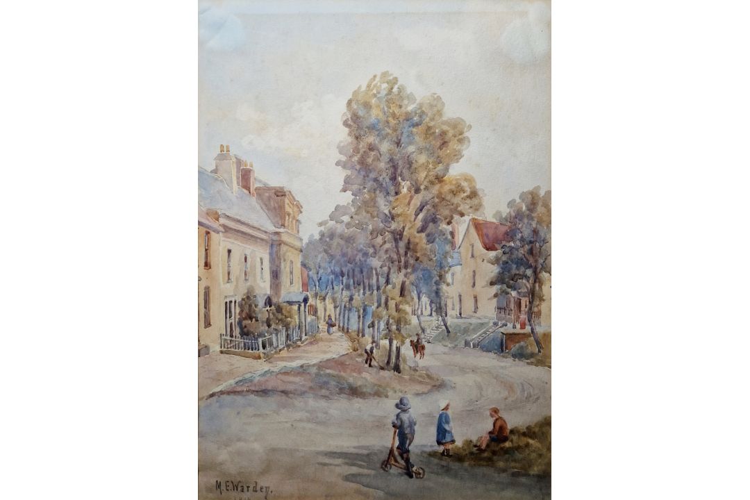 M E Warden Watercolour Village scene with children in foreground, signed and dated 1916 lower - Image 1 of 3