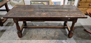 Antique oak refectory dining table on turned baluster supports, h-stretcher, 78cm high, 183cm