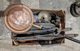 Assorted metalware including a Victorian copper bed warming pan, assorted fire tools,