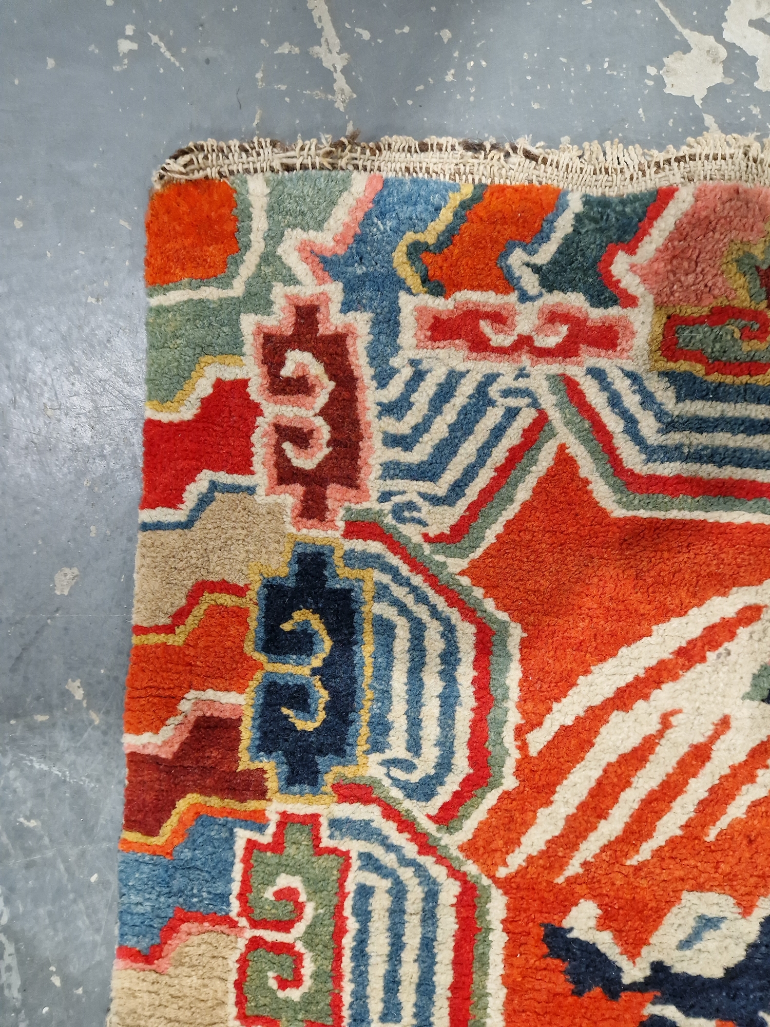Pair of Chinese style rugs, possibly Tibetan, the central panel with two dragons chasing flaming - Image 14 of 88
