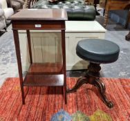 Oak piano stool of circular form with leatherette upholstered seat, raised on tripod legs, each of
