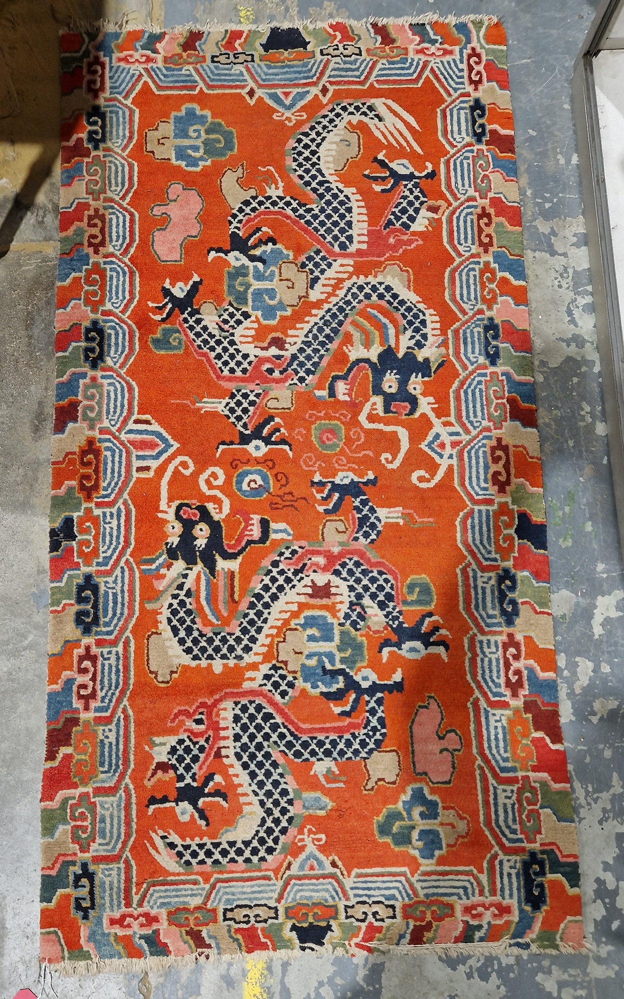 Pair of Chinese style rugs, possibly Tibetan, the central panel with two dragons chasing flaming - Image 2 of 88