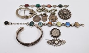 White metal albert chain with fob, silver coloured metal and agate bracelet, Celtic design, and