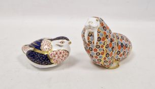 Two Royal Crown Derby bone china imari pattern paperweights, modelled as a quail and a walrus,