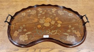 Antique mahogany kidney-shaped butler's tray with inlaid foliate motifs with twin handles, measuring