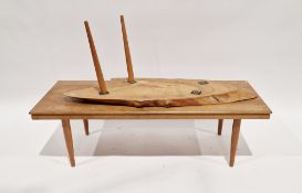 Contemporary oak coffee table of rectangular form, raised on turned legs, 38cm high x 122cm wide x