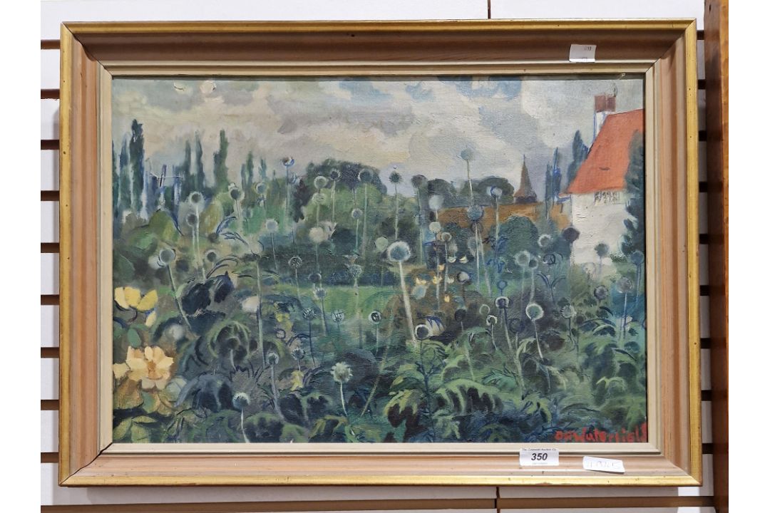 D H Waterfield (1908-1971) Oil on canvas Flowering garden scene with dwelling, signed lower right, - Image 2 of 3