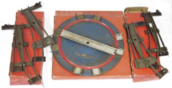 Three boxed Hornby O gauge railway accessories to include 42390 No. 2 turntable, 2 x 43083 points (
