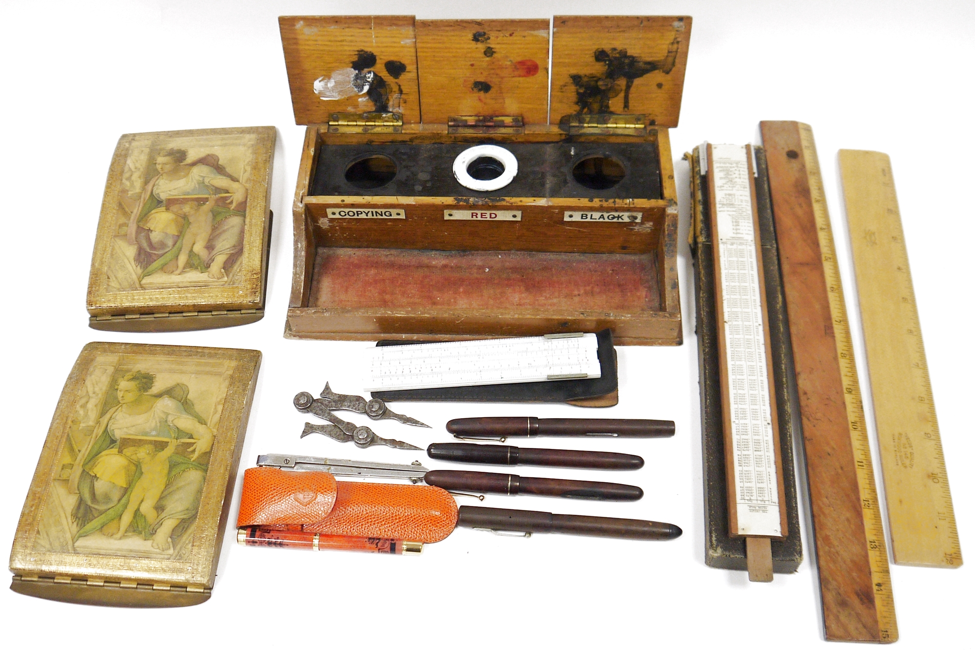 LOT WITHDRAWN Assorted vintage rules including the 'Meakin Slide Rule', a 'Velos' boxwood ruler