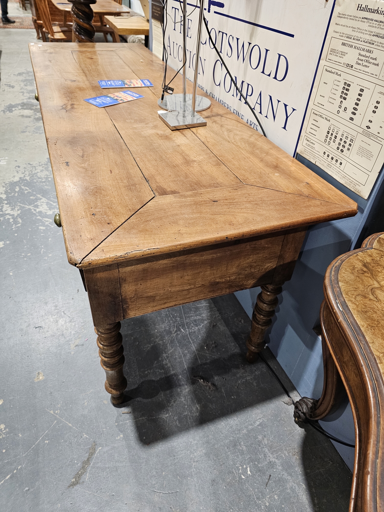 19th century oak and fruitwood clerk's desk, the central arched recess flanked by single drawers, - Image 2 of 7