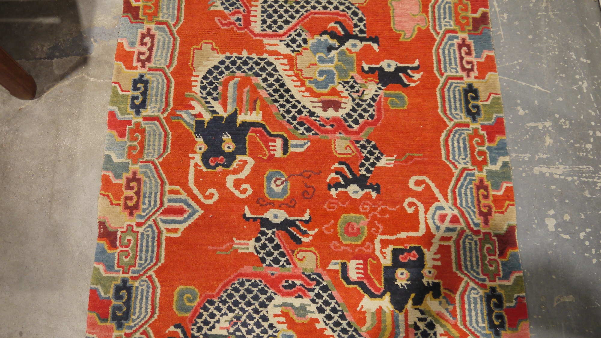Pair of Chinese style rugs, possibly Tibetan, the central panel with two dragons chasing flaming - Image 5 of 88