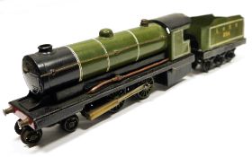 Possibly Bowman 0 gauge live steam spirit-fired '4-4-0' locomotive and six wheel tender in green and
