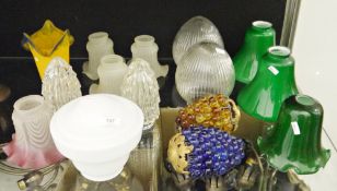 Collection of coloured and clear glass lampshades including three green tinted examples, a pair of
