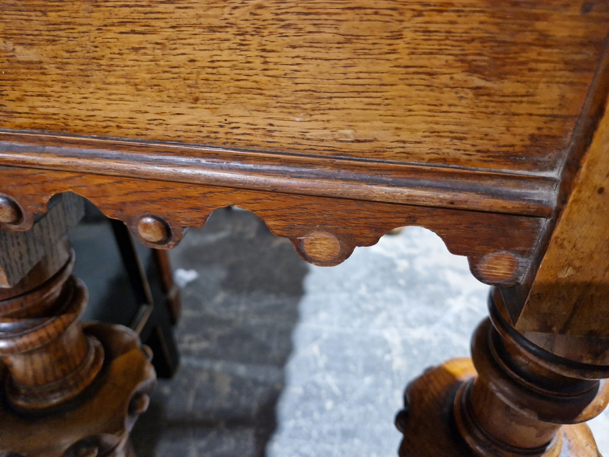 Late 19th/early 20th century oak Gothic style hall table with single drawer to one side, raised on - Image 16 of 19