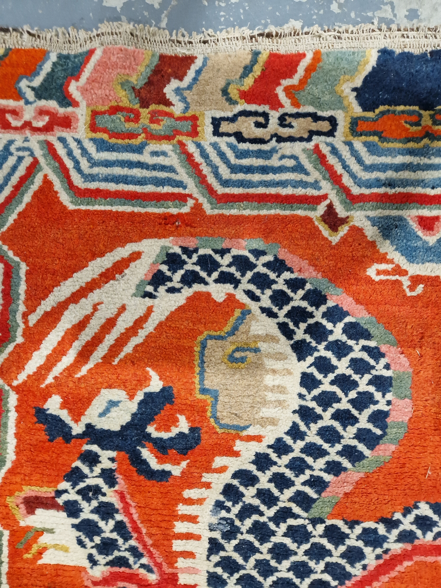 Pair of Chinese style rugs, possibly Tibetan, the central panel with two dragons chasing flaming - Image 15 of 88