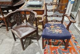 A 19th century stained oak corner chair with X frame stretcher, measuring approx 80 cm high,