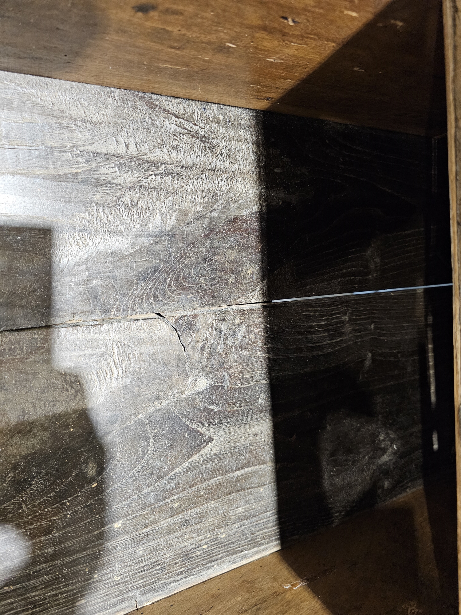 19th century oak and fruitwood clerk's desk, the central arched recess flanked by single drawers, - Image 6 of 7