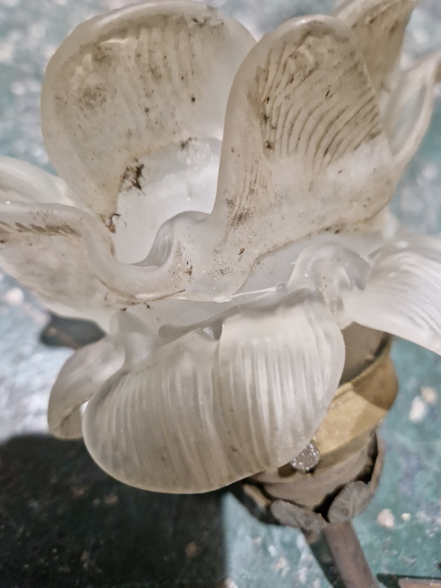 Group of gilt-metal and opaque glass wall lights, each with frosted glass petal-shaped sconces - Image 11 of 13