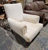 An antique upholstered armchair raised on turned legs, measuring approx 92 cm high Condition