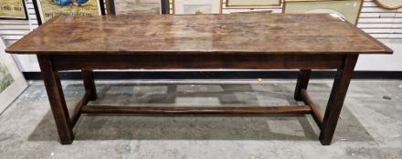 Antique French style oak refectory dining table on straight square supports, h-stretcher, 77.5cm