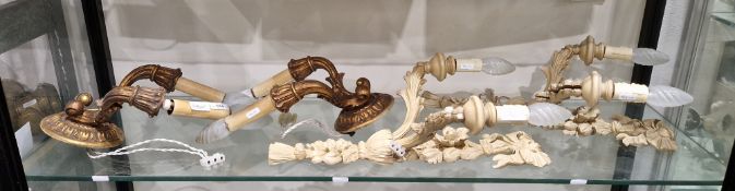 Two pairs of 20th century wall lights, the first giltwood example in the Georgian style with twin