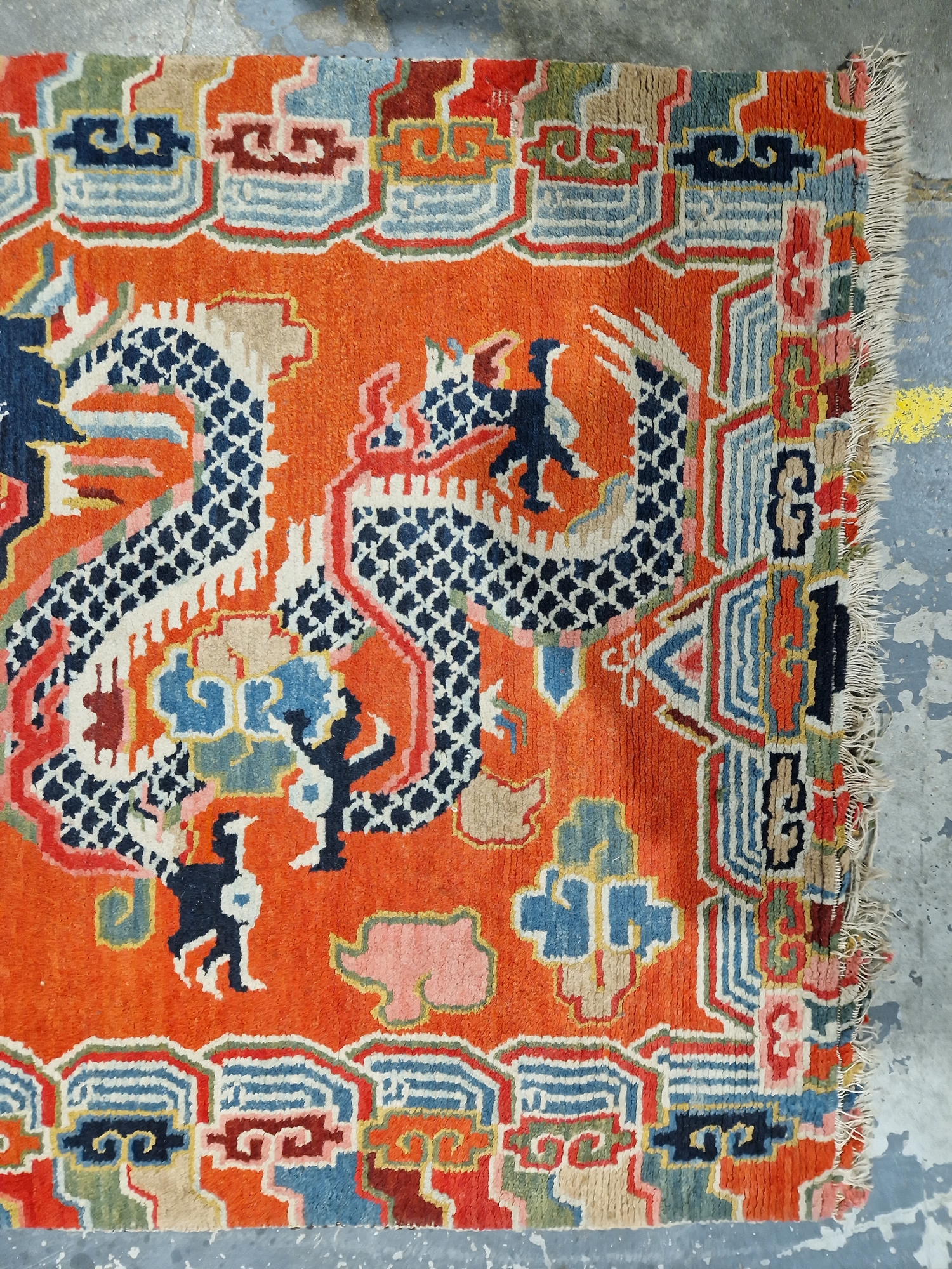 Pair of Chinese style rugs, possibly Tibetan, the central panel with two dragons chasing flaming - Image 65 of 88