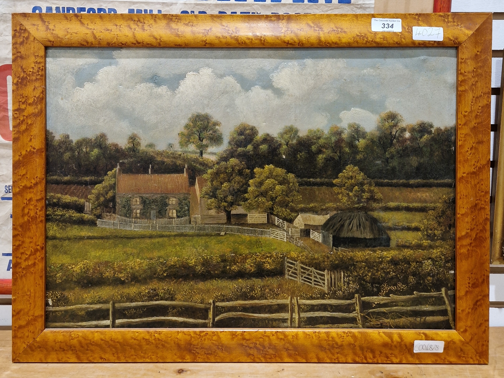 20th century school Oil on canvas Rural scene with view of farm buildings and cottage, unsigned, - Image 2 of 2