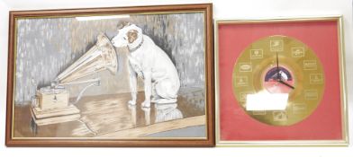 HMV gold disc wall clock, a textile print of the HMV logo after Francis Barraud, printed on