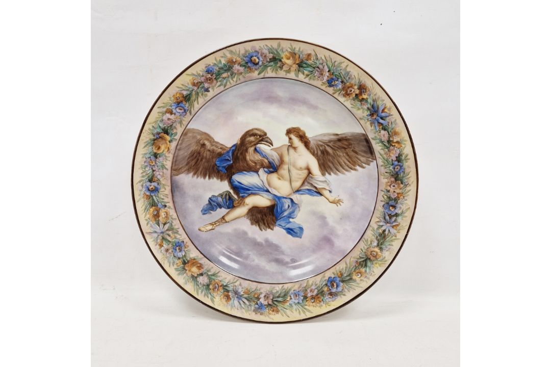 Late 19th century Continental porcelain charger, impressed G/3 mark, painted with Ganymede - Image 1 of 2
