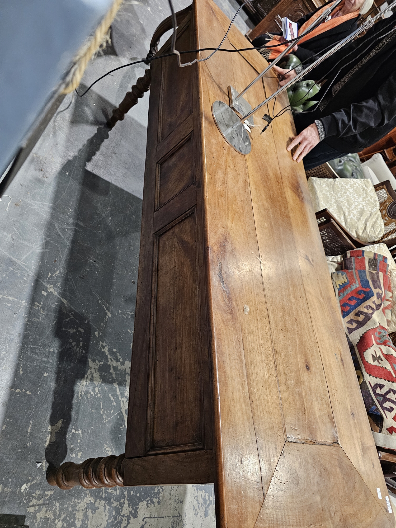 19th century oak and fruitwood clerk's desk, the central arched recess flanked by single drawers, - Image 4 of 7