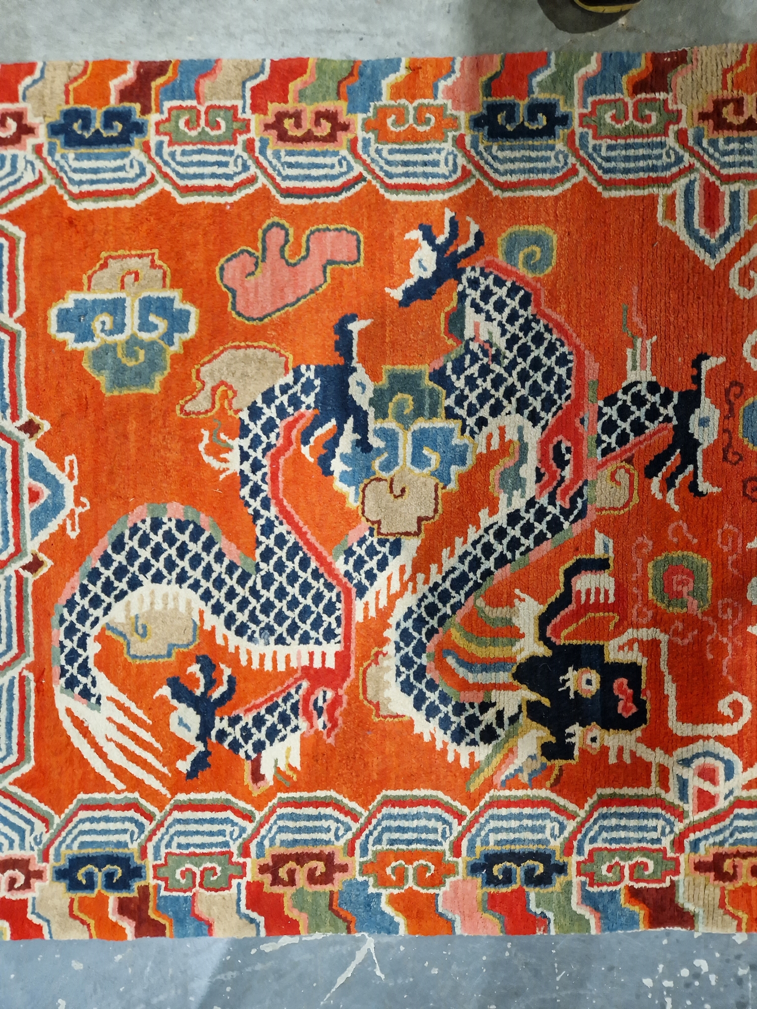 Pair of Chinese style rugs, possibly Tibetan, the central panel with two dragons chasing flaming - Image 63 of 88