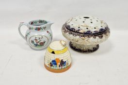 Clarice Cliff 'Bizarre' Crocus pattern ribbed beehive-shaped honeypot and cover, printed black marks