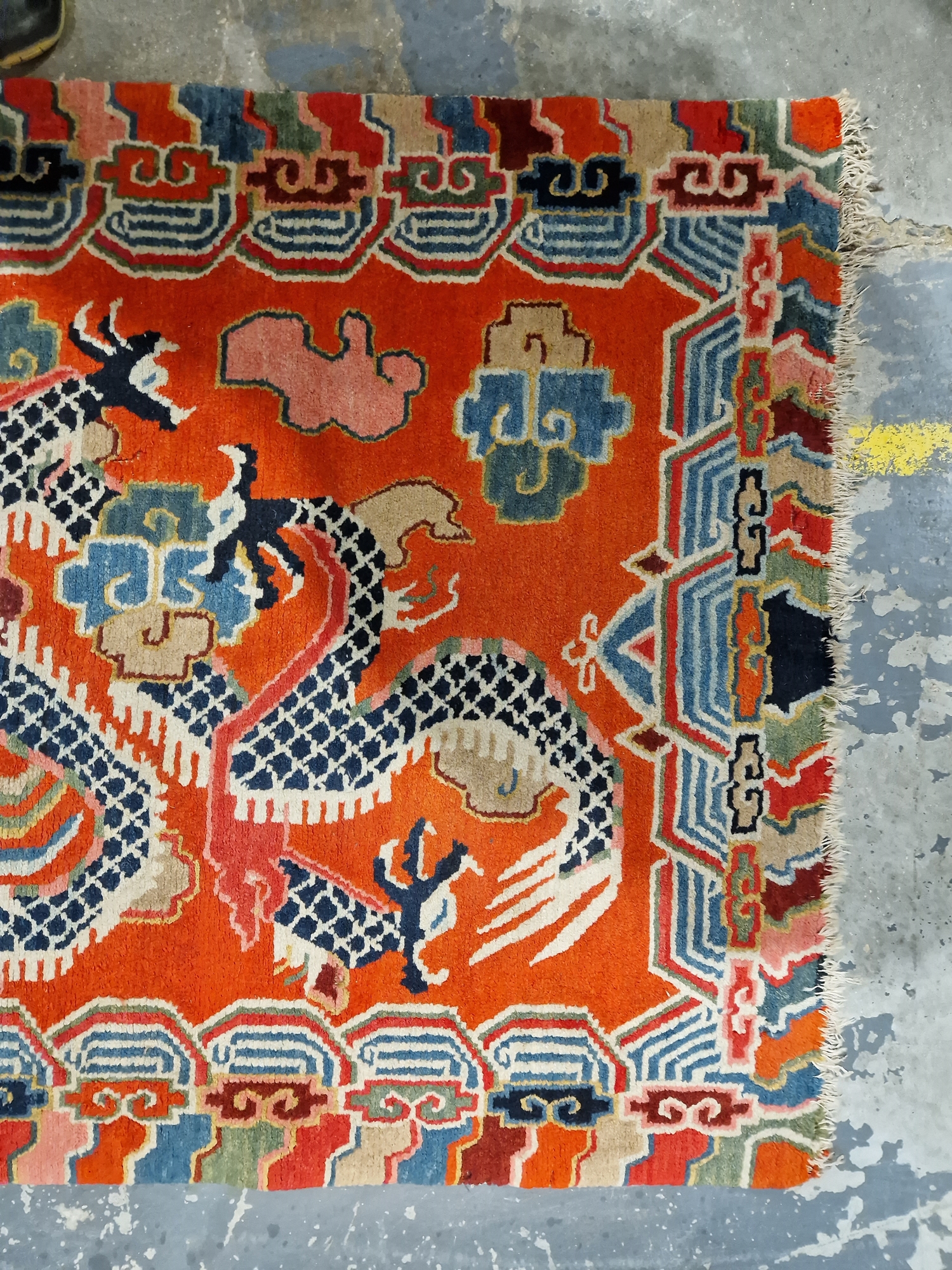 Pair of Chinese style rugs, possibly Tibetan, the central panel with two dragons chasing flaming - Image 35 of 88