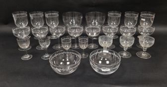 Assorted glass tableware including: an Edwardian etched table service, comprising six large glasses,
