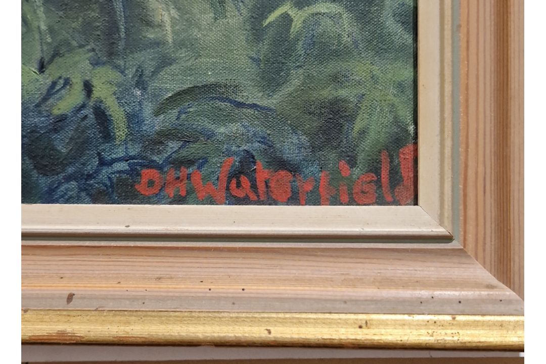 D H Waterfield (1908-1971) Oil on canvas Flowering garden scene with dwelling, signed lower right, - Image 3 of 3