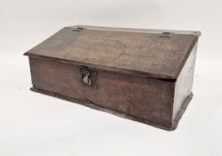 Antique oak table top bureau, the top opening to reveal a single fitted drawer and storage