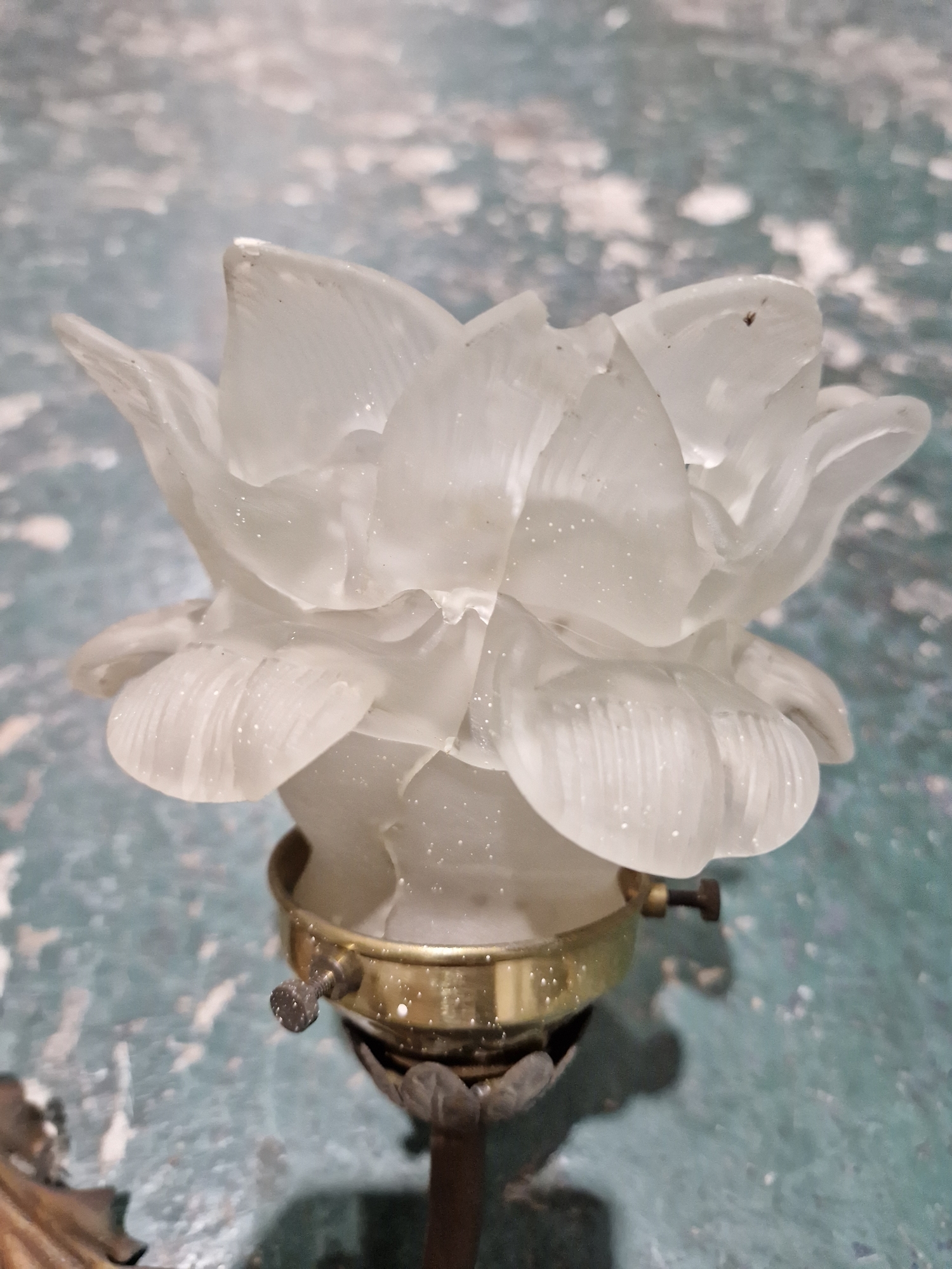 Group of gilt-metal and opaque glass wall lights, each with frosted glass petal-shaped sconces - Image 2 of 13