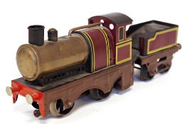 Bing 2-2-0 live steam locomotive with four wheel tender, maroon and yellow double lined livery