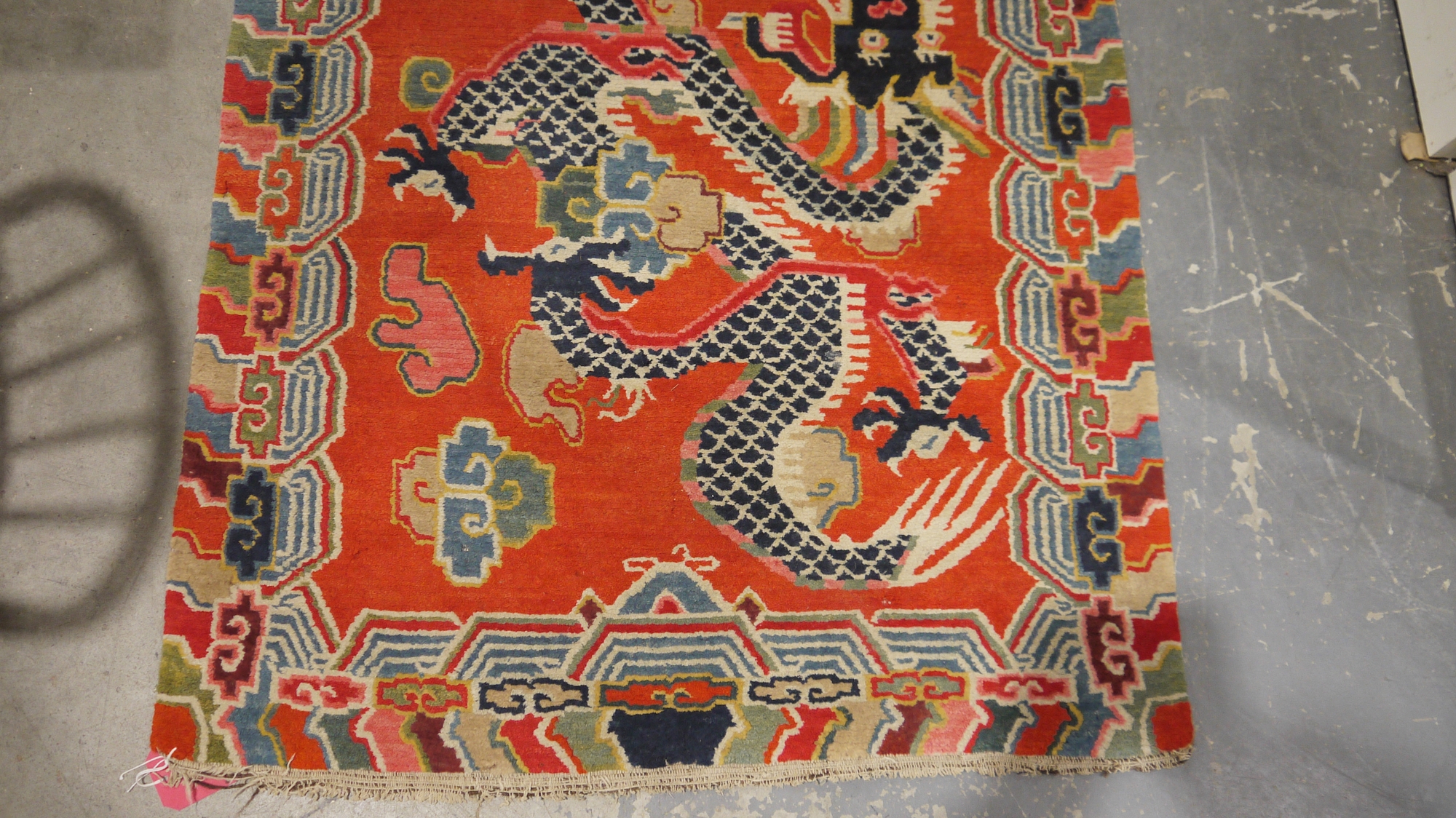Pair of Chinese style rugs, possibly Tibetan, the central panel with two dragons chasing flaming - Image 4 of 88