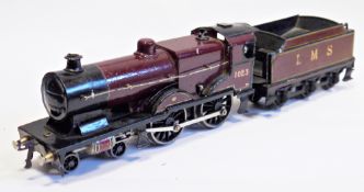 Bassett Lowke O gauge 4-4-0 clockwork locomotive No.1023 maroon livery with six wheel LMS tender (