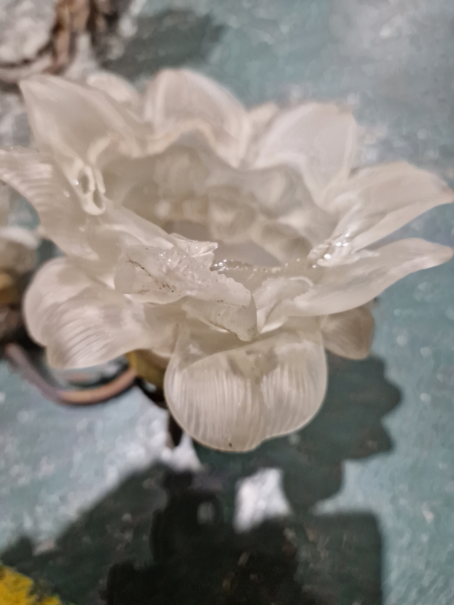 Group of gilt-metal and opaque glass wall lights, each with frosted glass petal-shaped sconces - Image 9 of 13